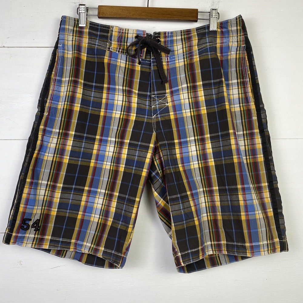 Old Navy Mens Boardshort Brown Black Plaid Sz M Swimsuit Hook & Loop Drawstring